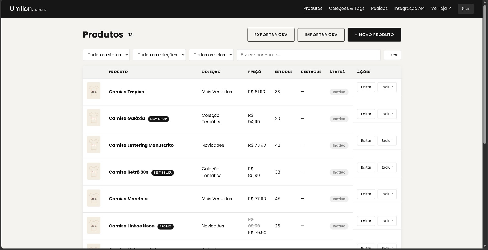 Painel de produtos da Umilon